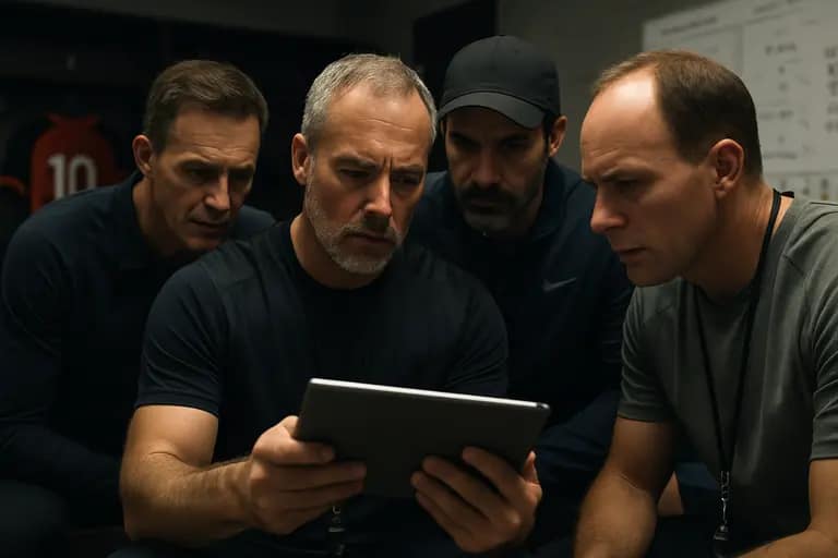 Coach studying a tablet while players gather near the bench