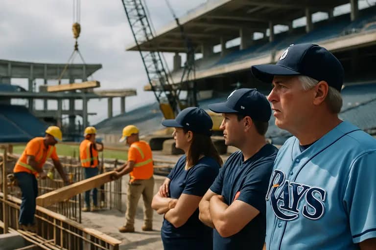 Construction crews preparing a stadium site with cranes and survey equipment