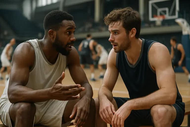Coach and analyst discussing a basketball shot chart near the bench