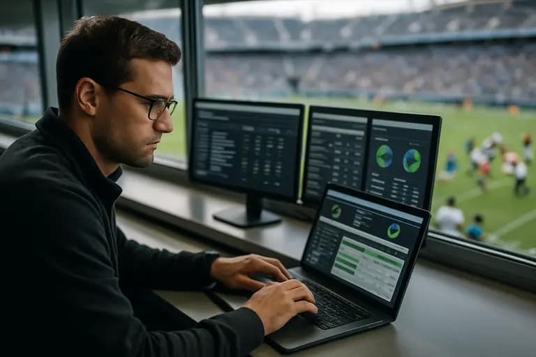 Analyst reviewing stadium operations data on a tablet near seating bowl
