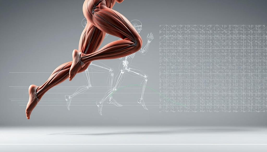 A detailed biomechanical analysis of an athlete in motion, showcasing the intricate interplay of muscle groups and joint articulations. The foreground depicts a high-speed capture of a sprinter in mid-stride, their musculature clearly delineated under taut skin. The middle ground features a series of overlaid skeletal frames, tracing the precise kinematics of the lower limbs. In the background, a matrix of force vectors and pressure maps illustrates the dynamic loading and energy transfer throughout the kinetic chain. Crisp, high-contrast lighting accentuates the underlying structure, while a neutral, muted color palette evokes the clinical, analytical nature of the subject matter. A detailed biomechanical analysis of an athlete in motion, showcasing the intricate interplay of muscle groups and joint articulations. The foreground depicts a high-speed capture of a sprinter in mid-stride, their musculature clearly delineated under taut skin. The middle ground features a series of overlaid skeletal frames, tracing the precise kinematics of the lower limbs. In the background, a matrix of force vectors and pressure maps illustrates the dynamic loading and energy transfer throughout the kinetic chain. Crisp, high-contrast lighting accentuates the underlying structure, while a neutral, muted color palette evokes the clinical, analytical nature of the subject matter.