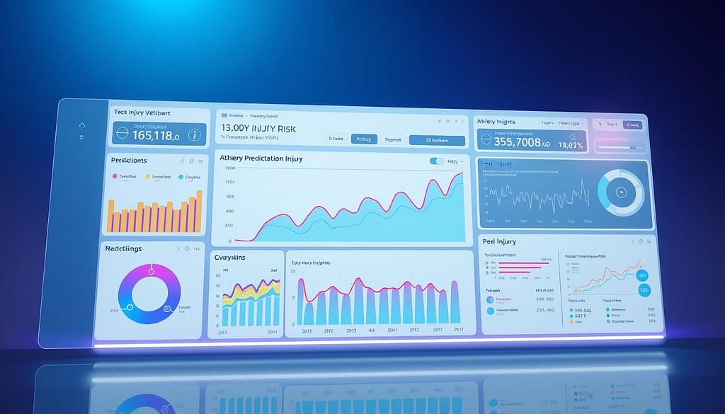 A sleek, high-tech analytics dashboard showcasing real-time data on athlete injury risk and recovery insights. The interface features a minimalist design with a large central graph displaying injury prediction trends, surrounded by interactive widgets tracking a range of biomechanical and physiological metrics. Vibrant color-coded visualizations, intuitive controls, and a clean, futuristic aesthetic create an immersive experience for sports medicine professionals to monitor athlete well-being. Soft, directional lighting casts a subtle glow across the dashboard, creating depth and emphasizing the precision of the data presented. The entire scene conveys a sense of technological sophistication dedicated to optimizing athletic performance and mitigating injury. A sleek, high-tech analytics dashboard showcasing real-time data on athlete injury risk and recovery insights. The interface features a minimalist design with a large central graph displaying injury prediction trends, surrounded by interactive widgets tracking a range of biomechanical and physiological metrics. Vibrant color-coded visualizations, intuitive controls, and a clean, futuristic aesthetic create an immersive experience for sports medicine professionals to monitor athlete well-being. Soft, directional lighting casts a subtle glow across the dashboard, creating depth and emphasizing the precision of the data presented. The entire scene conveys a sense of technological sophistication dedicated to optimizing athletic performance and mitigating injury.