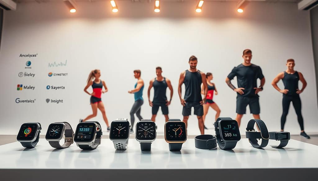 A well-lit studio setting showcasing a comparison of leading athlete monitoring wearables. In the foreground, several smartwatches, fitness trackers, and sensor-equipped garments are displayed side-by-side on a sleek white surface. The middle ground features athletes in various poses, their movements and biometrics being tracked by the wearable devices. The background has a clean, minimalist backdrop, with subtle brand logos and technical illustrations hinting at the advanced data analytics and personalized insights these products provide. Warm, natural lighting from above casts a sense of professionalism and innovation, inviting the viewer to closely examine the features and capabilities of these market-leading athlete monitoring solutions. A well-lit studio setting showcasing a comparison of leading athlete monitoring wearables. In the foreground, several smartwatches, fitness trackers, and sensor-equipped garments are displayed side-by-side on a sleek white surface. The middle ground features athletes in various poses, their movements and biometrics being tracked by the wearable devices. The background has a clean, minimalist backdrop, with subtle brand logos and technical illustrations hinting at the advanced data analytics and personalized insights these products provide. Warm, natural lighting from above casts a sense of professionalism and innovation, inviting the viewer to closely examine the features and capabilities of these market-leading athlete monitoring solutions.