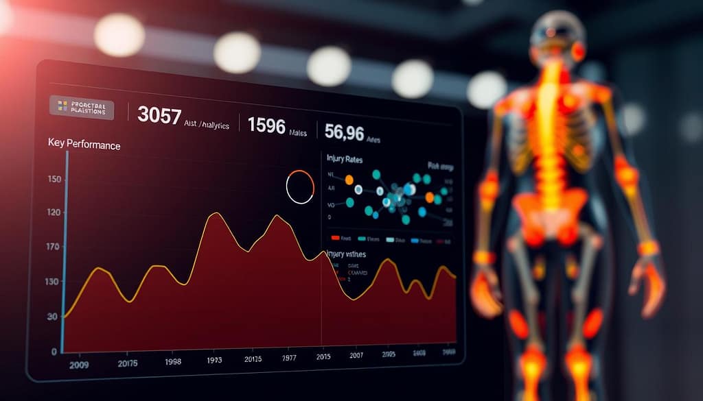 An analytics dashboard displaying optimization strategies for injury prediction, with a sleek, modern design. In the foreground, a line graph tracks key performance metrics over time, such as injury rates and risk factors. The middle ground features visual analytics tools, including a scatter plot comparing variables and a heatmap visualizing correlations. In the background, a 3D human model highlights areas prone to injury, rendered with photorealistic lighting and depth of field. The overall atmosphere conveys a sense of data-driven insight and actionable intelligence to enhance human performance. An analytics dashboard displaying optimization strategies for injury prediction, with a sleek, modern design. In the foreground, a line graph tracks key performance metrics over time, such as injury rates and risk factors. The middle ground features visual analytics tools, including a scatter plot comparing variables and a heatmap visualizing correlations. In the background, a 3D human model highlights areas prone to injury, rendered with photorealistic lighting and depth of field. The overall atmosphere conveys a sense of data-driven insight and actionable intelligence to enhance human performance.