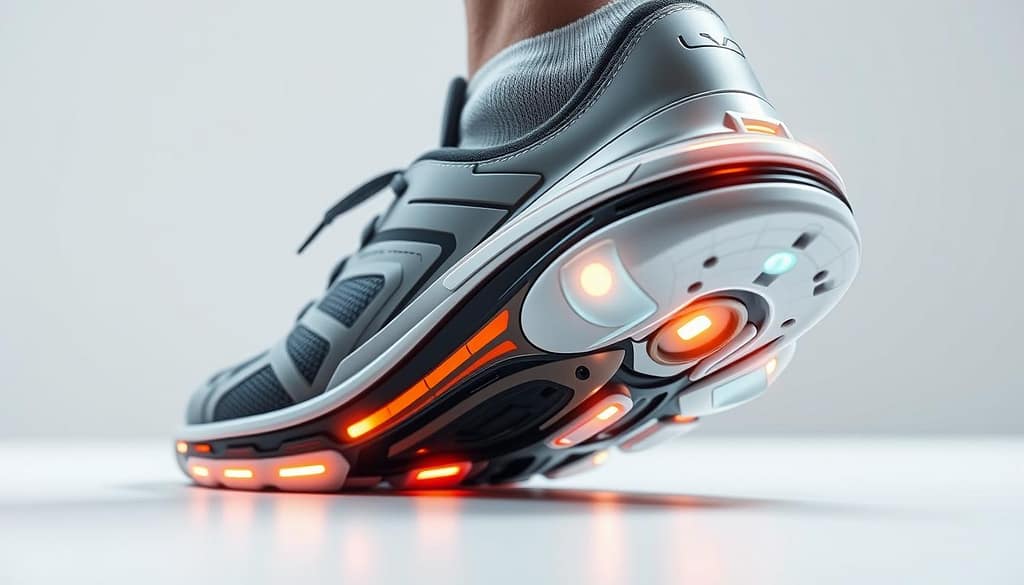 A close-up view of a high-tech sports shoe with advanced injury prevention features. The shoe's sleek, ergonomic design features shock-absorbing cushioning, flexible support structures, and integrated sensors that monitor the wearer's movements. Soft lighting illuminates the intricate details of the shoe's construction, showcasing the careful engineering and materials used to enhance comfort, stability, and injury mitigation. The background is a clean, minimalist studio setting, allowing the innovative sports gear to be the central focus of the image. A close-up view of a high-tech sports shoe with advanced injury prevention features. The shoe's sleek, ergonomic design features shock-absorbing cushioning, flexible support structures, and integrated sensors that monitor the wearer's movements. Soft lighting illuminates the intricate details of the shoe's construction, showcasing the careful engineering and materials used to enhance comfort, stability, and injury mitigation. The background is a clean, minimalist studio setting, allowing the innovative sports gear to be the central focus of the image.