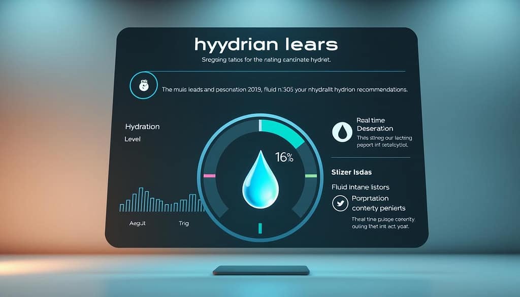 A real-time hydration feedback display showing a user's current hydration level, water intake, and personalized hydration recommendations. The display features a prominent hydration percentage gauge in the foreground, with a middle ground of fluid intake history and an animated water droplet icon. The background showcases a sleek, minimalist design with subtle gradients and clean lines, creating a modern and intuitive visualization of the user's hydration status. Soft, directional lighting highlights the key elements, while a slightly low camera angle conveys a sense of empowerment and control over one's hydration. The overall mood is informative, accessible, and motivating, encouraging the user to maintain optimal hydration during physical activity. A real-time hydration feedback display showing a user's current hydration level, water intake, and personalized hydration recommendations. The display features a prominent hydration percentage gauge in the foreground, with a middle ground of fluid intake history and an animated water droplet icon. The background showcases a sleek, minimalist design with subtle gradients and clean lines, creating a modern and intuitive visualization of the user's hydration status. Soft, directional lighting highlights the key elements, while a slightly low camera angle conveys a sense of empowerment and control over one's hydration. The overall mood is informative, accessible, and motivating, encouraging the user to maintain optimal hydration during physical activity.