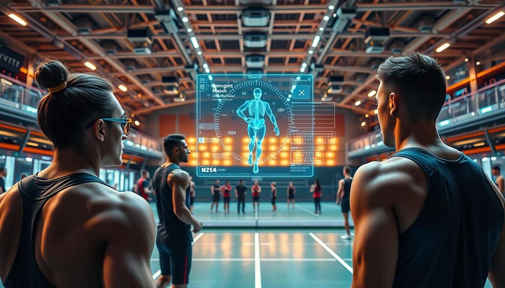 A sleek, high-tech sports arena filled with smart wearable devices. In the foreground, athletes wearing precision-engineered smartwatches and fitness trackers, their data streaming live. In the middle ground, a holographic display projects real-time injury risk analysis, using machine learning to predict and prevent potential issues. The background reveals a futuristic training facility, lined with cameras and sensors monitoring every movement. Warm, ambient lighting sets a tone of innovation and wellness, as the scene conveys the power of AI-driven wearables to revolutionize sports injury prevention. A sleek, high-tech sports arena filled with smart wearable devices. In the foreground, athletes wearing precision-engineered smartwatches and fitness trackers, their data streaming live. In the middle ground, a holographic display projects real-time injury risk analysis, using machine learning to predict and prevent potential issues. The background reveals a futuristic training facility, lined with cameras and sensors monitoring every movement. Warm, ambient lighting sets a tone of innovation and wellness, as the scene conveys the power of AI-driven wearables to revolutionize sports injury prevention.