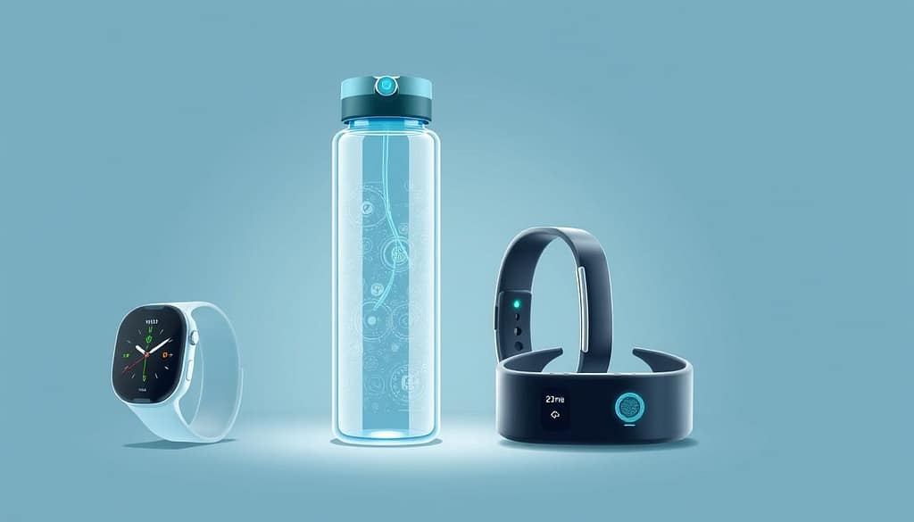 A stylized, high-resolution illustration of various hydration sensors, including a smartwatch with integrated sensors, a water bottle with embedded sensors, and a fitness tracker with hydration monitoring capabilities. The sensors are depicted in a sleek, minimalist design, with a focus on their advanced technology and seamless integration into everyday health and wellness devices. The image conveys a sense of innovation, functionality, and a commitment to optimizing human performance and wellbeing. The lighting is soft and directional, highlighting the sensors' intricate details and futuristic aesthetic. The overall composition is clean, balanced, and visually appealing, showcasing the cutting-edge nature of hydration monitoring technology. A stylized, high-resolution illustration of various hydration sensors, including a smartwatch with integrated sensors, a water bottle with embedded sensors, and a fitness tracker with hydration monitoring capabilities. The sensors are depicted in a sleek, minimalist design, with a focus on their advanced technology and seamless integration into everyday health and wellness devices. The image conveys a sense of innovation, functionality, and a commitment to optimizing human performance and wellbeing. The lighting is soft and directional, highlighting the sensors' intricate details and futuristic aesthetic. The overall composition is clean, balanced, and visually appealing, showcasing the cutting-edge nature of hydration monitoring technology.