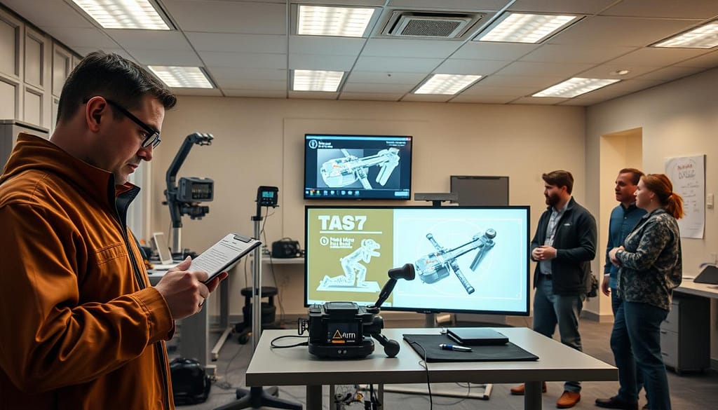 A well-lit laboratory setting with ergonomic product testing in progress. In the foreground, a technician meticulously observes a subject interacting with a sports equipment prototype, taking detailed notes. The middle ground features an array of specialized measurement devices and sensors capturing data. In the background, a team of engineers and designers review test results projected on a large display, engaged in animated discussion. Warm task lighting, clean lines, and a sense of scientific rigor permeate the scene, conveying the iterative process of refining ergonomic design through end-user feedback. A well-lit laboratory setting with ergonomic product testing in progress. In the foreground, a technician meticulously observes a subject interacting with a sports equipment prototype, taking detailed notes. The middle ground features an array of specialized measurement devices and sensors capturing data. In the background, a team of engineers and designers review test results projected on a large display, engaged in animated discussion. Warm task lighting, clean lines, and a sense of scientific rigor permeate the scene, conveying the iterative process of refining ergonomic design through end-user feedback.