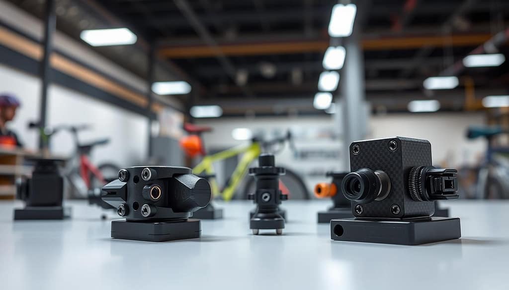 A detailed close-up of advanced sensor mounting solutions specifically designed for sports equipment. In the foreground, showcase various sensor mounts made from high-tech materials like carbon fiber and aluminum, featuring intricate vibration isolation components and secure connectors. In the middle ground, display a blurred array of high-performance sports gear, subtly hinting at their integration with sensors. The background should fade into a sleek, modern workshop environment with clean lines and soft, ambient lighting, emphasizing innovation. Use a shallow depth of field to create a focused and professional atmosphere. The overall mood should be cutting-edge and dynamic, reflecting the technological advancements in sports sensor integration. A detailed close-up of advanced sensor mounting solutions specifically designed for sports equipment. In the foreground, showcase various sensor mounts made from high-tech materials like carbon fiber and aluminum, featuring intricate vibration isolation components and secure connectors. In the middle ground, display a blurred array of high-performance sports gear, subtly hinting at their integration with sensors. The background should fade into a sleek, modern workshop environment with clean lines and soft, ambient lighting, emphasizing innovation. Use a shallow depth of field to create a focused and professional atmosphere. The overall mood should be cutting-edge and dynamic, reflecting the technological advancements in sports sensor integration.