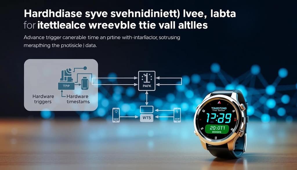 A detailed illustration depicting hardware synchronization methods for validating sports wearables. In the foreground, display a close-up of a smartwatch equipped with advanced sensors and a digital display showing timestamps. In the middle ground, depict a schematic diagram illustrating hardware triggers connected to various wearable devices, with lines indicating data flow. In the background, include an abstract representation of a network, symbolizing Precision Time Protocol (PTP) connections, with soft blue and green lighting to emphasize a tech-savvy atmosphere. Use a slightly elevated angle to capture all elements effectively, creating a high-tech and professional mood with polished, dynamic visuals. No human subjects are present, ensuring a clean, focused design. A detailed illustration depicting hardware synchronization methods for validating sports wearables. In the foreground, display a close-up of a smartwatch equipped with advanced sensors and a digital display showing timestamps. In the middle ground, depict a schematic diagram illustrating hardware triggers connected to various wearable devices, with lines indicating data flow. In the background, include an abstract representation of a network, symbolizing Precision Time Protocol (PTP) connections, with soft blue and green lighting to emphasize a tech-savvy atmosphere. Use a slightly elevated angle to capture all elements effectively, creating a high-tech and professional mood with polished, dynamic visuals. No human subjects are present, ensuring a clean, focused design.