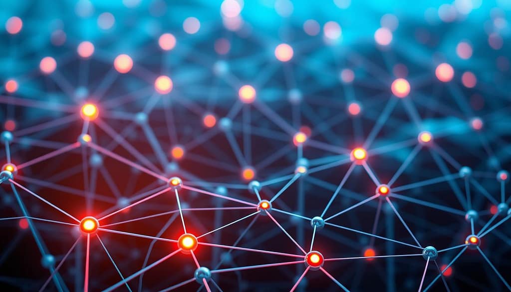 A detailed illustration of a thread mesh network topology, showcasing a vibrant and interconnected design of nodes and connections. In the foreground, several nodes are represented with glowing lights, illustrating their active status, while various lines and curves connect them, symbolizing data flow. The middle layer features a semi-transparent grid overlay, enhancing the complexity of the network and indicating a 3D perspective. The background is softly blurred to emphasize the mesh topology, with a gradient of cool blues and greens creating a tech-savvy atmosphere. Use dramatic lighting to highlight the nodes and connections, captured from a slightly elevated angle to provide a comprehensive view, adding depth and a sense of innovation to the image. A detailed illustration of a thread mesh network topology, showcasing a vibrant and interconnected design of nodes and connections. In the foreground, several nodes are represented with glowing lights, illustrating their active status, while various lines and curves connect them, symbolizing data flow. The middle layer features a semi-transparent grid overlay, enhancing the complexity of the network and indicating a 3D perspective. The background is softly blurred to emphasize the mesh topology, with a gradient of cool blues and greens creating a tech-savvy atmosphere. Use dramatic lighting to highlight the nodes and connections, captured from a slightly elevated angle to provide a comprehensive view, adding depth and a sense of innovation to the image.