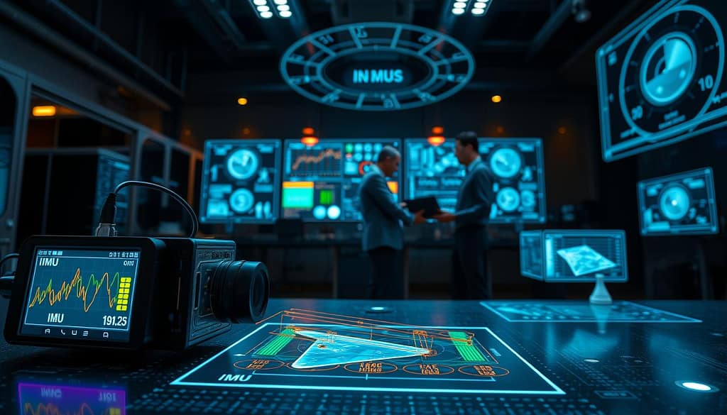 A detailed visualization of IMU (Inertial Measurement Unit) and vision data alignment for pose estimation. In the foreground, an electronic device displaying IMU data connected to a camera, with diagrams illustrating data flow in bright colors. The middle shows technicians in professional business attire focused on data analysis on screens, surrounded by intricate holographic interfaces displaying alignment metrics. The background is a high-tech lab environment with dim, ambient lighting that highlights the glowing screens and holograms, suggesting a futuristic atmosphere. The composition should focus on the integration of technology, emphasizing clarity and precision in data synchronization, captured from a dynamic angle to enhance depth and engagement. A detailed visualization of IMU (Inertial Measurement Unit) and vision data alignment for pose estimation. In the foreground, an electronic device displaying IMU data connected to a camera, with diagrams illustrating data flow in bright colors. The middle shows technicians in professional business attire focused on data analysis on screens, surrounded by intricate holographic interfaces displaying alignment metrics. The background is a high-tech lab environment with dim, ambient lighting that highlights the glowing screens and holograms, suggesting a futuristic atmosphere. The composition should focus on the integration of technology, emphasizing clarity and precision in data synchronization, captured from a dynamic angle to enhance depth and engagement.