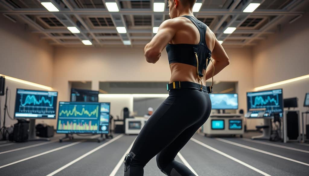 A dynamic scene showcasing a high-tech sports benchmarking setup featuring IMU sensor fusion technology. In the foreground, a professional athlete, dressed in sleek athletic wear, performs specific motion tasks on an indoor track. Multi-colored IMU sensors are visibly attached to key joints. The middle ground displays advanced data analysis equipment with real-time monitoring displays, presenting visual graphs and motion data. The background features a futuristic, well-lit sports lab with advanced equipment and screens. Soft, bright lighting enhances the technological atmosphere, and a slight lens blur focuses on the athlete's precise movements. The mood is focused and intense, conveying innovation and precision in motion capture. A dynamic scene showcasing a high-tech sports benchmarking setup featuring IMU sensor fusion technology. In the foreground, a professional athlete, dressed in sleek athletic wear, performs specific motion tasks on an indoor track. Multi-colored IMU sensors are visibly attached to key joints. The middle ground displays advanced data analysis equipment with real-time monitoring displays, presenting visual graphs and motion data. The background features a futuristic, well-lit sports lab with advanced equipment and screens. Soft, bright lighting enhances the technological atmosphere, and a slight lens blur focuses on the athlete's precise movements. The mood is focused and intense, conveying innovation and precision in motion capture.