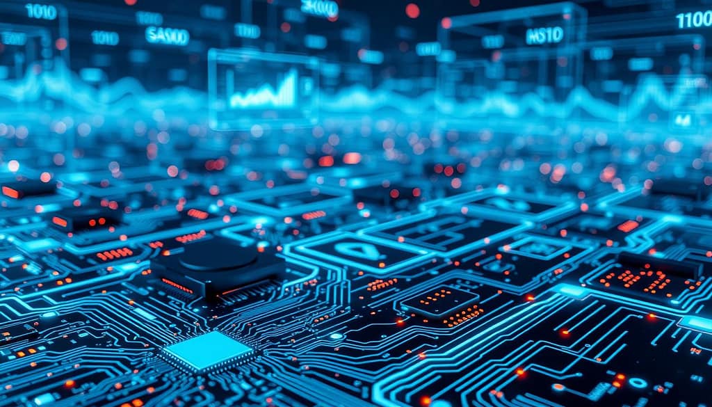 A high-tech, abstract representation of firmware intelligence processing for next-gen sports equipment. In the foreground, intricate circuit boards and microchips are illuminated by soft blue light, showcasing detailed pathways of data flow. The middle ground features holographic displays showing dynamic graphs and analytics, blending seamlessly into a sleek, modern environment symbolizing advanced technology. The background is an ethereal, digital landscape filled with glowing binary code and interconnected networks, conveying a sense of innovation and progress. The overall mood is futuristic and inspiring, enhanced by cool tones and subtle glows, capturing the essence of sophisticated firmware integration in sports technology. A high-tech, abstract representation of firmware intelligence processing for next-gen sports equipment. In the foreground, intricate circuit boards and microchips are illuminated by soft blue light, showcasing detailed pathways of data flow. The middle ground features holographic displays showing dynamic graphs and analytics, blending seamlessly into a sleek, modern environment symbolizing advanced technology. The background is an ethereal, digital landscape filled with glowing binary code and interconnected networks, conveying a sense of innovation and progress. The overall mood is futuristic and inspiring, enhanced by cool tones and subtle glows, capturing the essence of sophisticated firmware integration in sports technology.