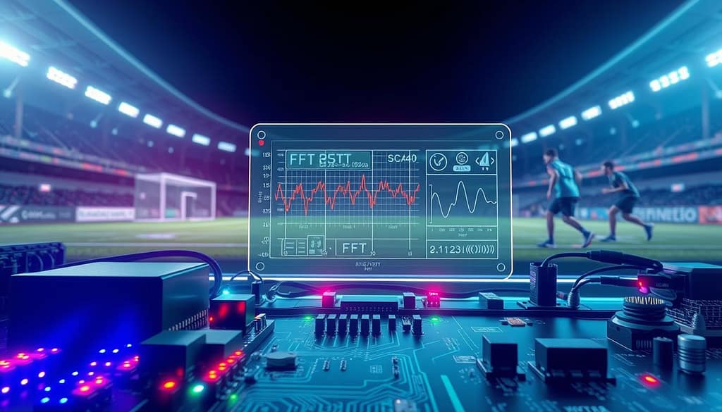 A high-tech illustration depicting a digital signal processing (DSP) setup focused on Fast Fourier Transform (FFT) for power management in smart sports equipment. In the foreground, showcase detailed circuit boards with vibrant LED lights, connected to miniature sensors resembling those used in sports gear. In the middle ground, include a transparent display screen showcasing graphs of power consumption and FFT analysis, with futuristic icons representing energy efficiency. In the background, create a soft-focus image of a smart sports field with athletes using advanced equipment. Use dramatic, cool-toned lighting to convey a sense of innovation and efficiency, captured from a slightly elevated angle to emphasize the technology's integration with sports. The atmosphere should feel energetic and forward-thinking, devoid of human figures yet radiating an ambiance of modern athleticism. A high-tech illustration depicting a digital signal processing (DSP) setup focused on Fast Fourier Transform (FFT) for power management in smart sports equipment. In the foreground, showcase detailed circuit boards with vibrant LED lights, connected to miniature sensors resembling those used in sports gear. In the middle ground, include a transparent display screen showcasing graphs of power consumption and FFT analysis, with futuristic icons representing energy efficiency. In the background, create a soft-focus image of a smart sports field with athletes using advanced equipment. Use dramatic, cool-toned lighting to convey a sense of innovation and efficiency, captured from a slightly elevated angle to emphasize the technology's integration with sports. The atmosphere should feel energetic and forward-thinking, devoid of human figures yet radiating an ambiance of modern athleticism.