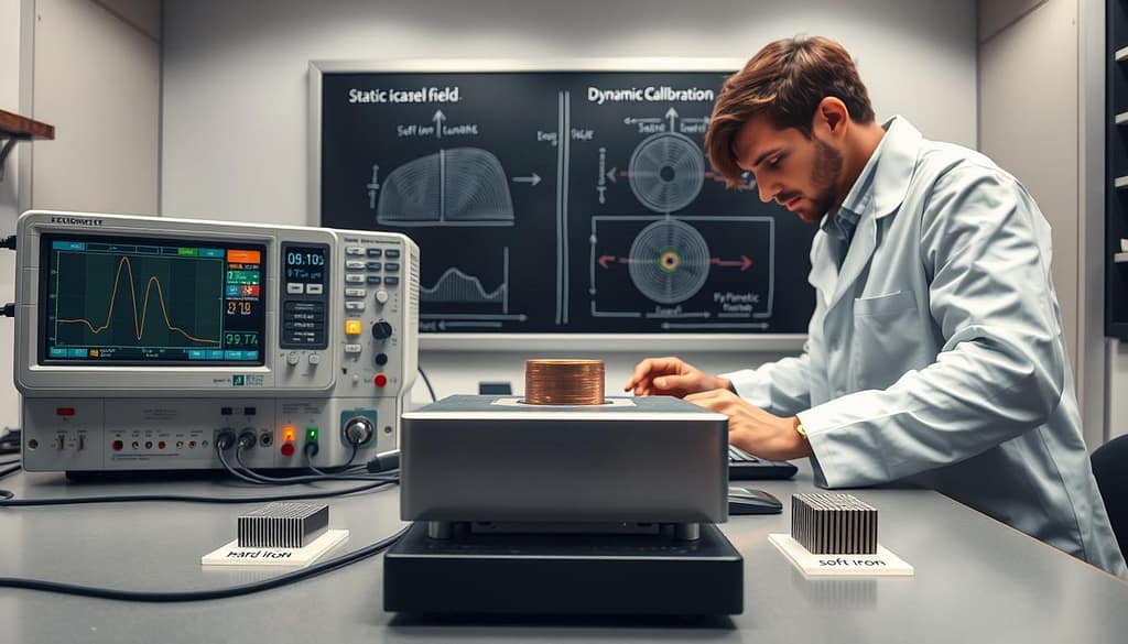 A high-tech laboratory setting featuring a detailed magnetometer calibration process. In the foreground, a technician in a lab coat is carefully adjusting a sleek, modern magnetometer device connected to a computer, showcasing precision instruments like oscilloscopes and magnetic field visualization tools. The middle layer includes various magnetic materials labeled as "hard iron" and "soft iron," positioned around the calibration setup, with arrows indicating their influence on readings. The background depicts a chalkboard or digital screen with diagrams illustrating static and dynamic calibration techniques. Soft, ambient lighting highlights the focused atmosphere, while a wide-angle lens captures the intricate details of the equipment and the professional environment, evoking a sense of innovation and meticulous scientific exploration. A high-tech laboratory setting featuring a detailed magnetometer calibration process. In the foreground, a technician in a lab coat is carefully adjusting a sleek, modern magnetometer device connected to a computer, showcasing precision instruments like oscilloscopes and magnetic field visualization tools. The middle layer includes various magnetic materials labeled as "hard iron" and "soft iron," positioned around the calibration setup, with arrows indicating their influence on readings. The background depicts a chalkboard or digital screen with diagrams illustrating static and dynamic calibration techniques. Soft, ambient lighting highlights the focused atmosphere, while a wide-angle lens captures the intricate details of the equipment and the professional environment, evoking a sense of innovation and meticulous scientific exploration.