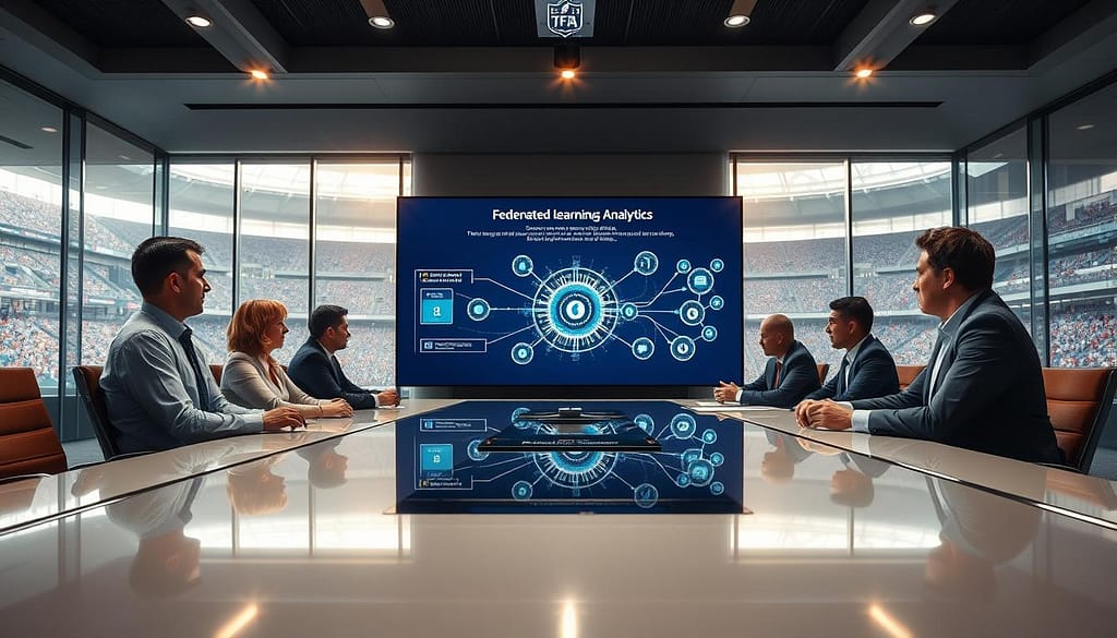 A modern sports league meeting room with a sleek, glossy conference table in the foreground, surrounded by professional-looking individuals in business attire, discussing athlete data privacy and federated models. The middle ground features a large digital screen displaying graphical representations of secure data flow and federated learning concepts, with visuals of interconnected nodes symbolizing collaboration across teams. In the background, large windows reveal a bustling stadium, with bright sunlight streaming in, enhancing the atmosphere of innovation and determination. The overall mood conveys a sense of forward-thinking, emphasizing ethical practices in athlete analytics, illuminated by warm lighting that reflects a welcoming yet professional environment. A modern sports league meeting room with a sleek, glossy conference table in the foreground, surrounded by professional-looking individuals in business attire, discussing athlete data privacy and federated models. The middle ground features a large digital screen displaying graphical representations of secure data flow and federated learning concepts, with visuals of interconnected nodes symbolizing collaboration across teams. In the background, large windows reveal a bustling stadium, with bright sunlight streaming in, enhancing the atmosphere of innovation and determination. The overall mood conveys a sense of forward-thinking, emphasizing ethical practices in athlete analytics, illuminated by warm lighting that reflects a welcoming yet professional environment.