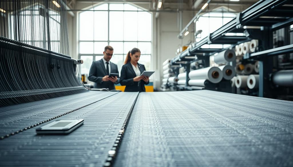 A modern textile manufacturing facility showcasing advanced smart textile techniques. In the foreground, a highly detailed close-up of a weaving machine with intricate threads and sensors weaving a fabric that visibly incorporates electronic components. In the middle, skilled technicians in professional business attire are monitoring the process, using digital tablets to analyze data in real-time. The background features large windows allowing natural light, illuminating the high-tech machinery and rolls of smart fabrics. The atmosphere is innovative and industrious, with clean lines and a slightly futuristic aesthetic. The image should have bright lighting, focusing on the shine of the fabric and the precision of the machinery, captured from a medium angle to emphasize depth and activity within the workspace. A modern textile manufacturing facility showcasing advanced smart textile techniques. In the foreground, a highly detailed close-up of a weaving machine with intricate threads and sensors weaving a fabric that visibly incorporates electronic components. In the middle, skilled technicians in professional business attire are monitoring the process, using digital tablets to analyze data in real-time. The background features large windows allowing natural light, illuminating the high-tech machinery and rolls of smart fabrics. The atmosphere is innovative and industrious, with clean lines and a slightly futuristic aesthetic. The image should have bright lighting, focusing on the shine of the fabric and the precision of the machinery, captured from a medium angle to emphasize depth and activity within the workspace.