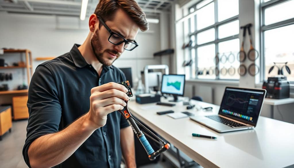 A professional engineer is setting up a tennis swing classifier sensor on a high-tech tennis racket in a modern sports lab. In the foreground, the engineer, wearing a smart casual outfit, meticulously positions the compact sensor near the racket handle, showcasing intricate wiring and circuit components. The middle ground features a sleek workbench filled with advanced tools and a laptop displaying data analytics. The background is a bright, spacious lab, with large windows letting in natural light and showcasing tennis gear on the walls. The atmosphere is focused and innovative, with a sense of cutting-edge technology. The angle captures the action of installation, emphasizing the sensor's design and its integration with the racket. A professional engineer is setting up a tennis swing classifier sensor on a high-tech tennis racket in a modern sports lab. In the foreground, the engineer, wearing a smart casual outfit, meticulously positions the compact sensor near the racket handle, showcasing intricate wiring and circuit components. The middle ground features a sleek workbench filled with advanced tools and a laptop displaying data analytics. The background is a bright, spacious lab, with large windows letting in natural light and showcasing tennis gear on the walls. The atmosphere is focused and innovative, with a sense of cutting-edge technology. The angle captures the action of installation, emphasizing the sensor's design and its integration with the racket.