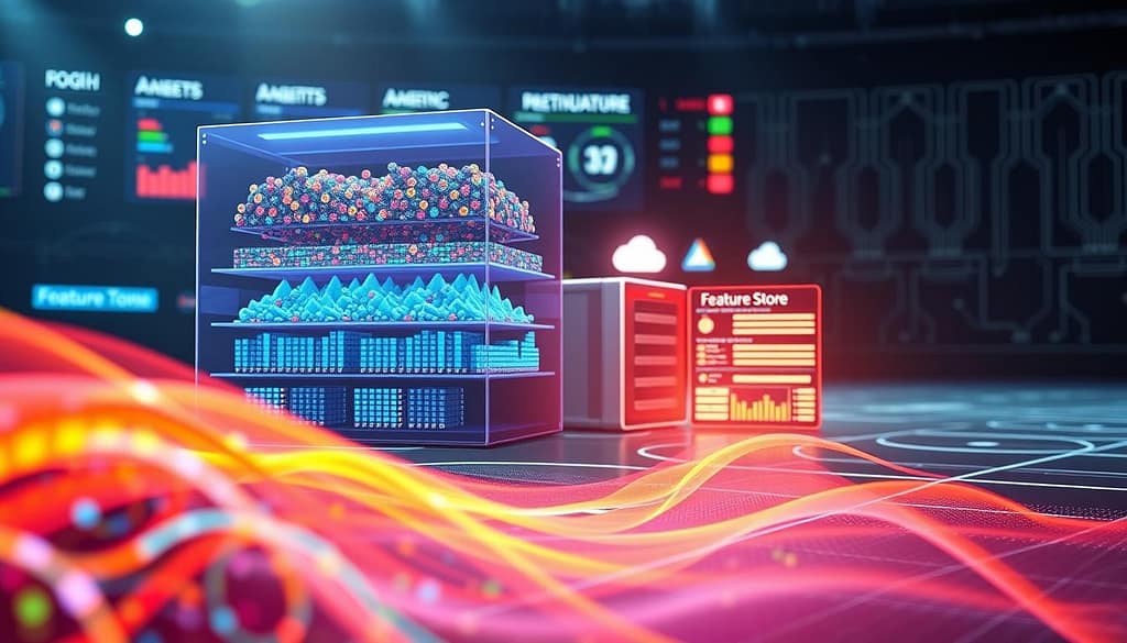 A sleek and modern sports analytics data storage architecture, showcasing three distinct layers: a raw data lake filled with digital sports statistics, a curated data warehouse with structured rows of data, and a feature store represented by organized sections of processed performance metrics. In the foreground, an abstract visualization of data streams in vibrant colors flows towards the layers, symbolizing the pipeline. The middle ground highlights the individual components with stylized server racks and cloud icons, while the background features a digital scoreboard display and sleek circuit board patterns. Soft, focused lighting illuminates the scene, with a futuristic lens effect to create depth, conveying a mood of innovation and precision in data management. A sleek and modern sports analytics data storage architecture, showcasing three distinct layers: a raw data lake filled with digital sports statistics, a curated data warehouse with structured rows of data, and a feature store represented by organized sections of processed performance metrics. In the foreground, an abstract visualization of data streams in vibrant colors flows towards the layers, symbolizing the pipeline. The middle ground highlights the individual components with stylized server racks and cloud icons, while the background features a digital scoreboard display and sleek circuit board patterns. Soft, focused lighting illuminates the scene, with a futuristic lens effect to create depth, conveying a mood of innovation and precision in data management.
