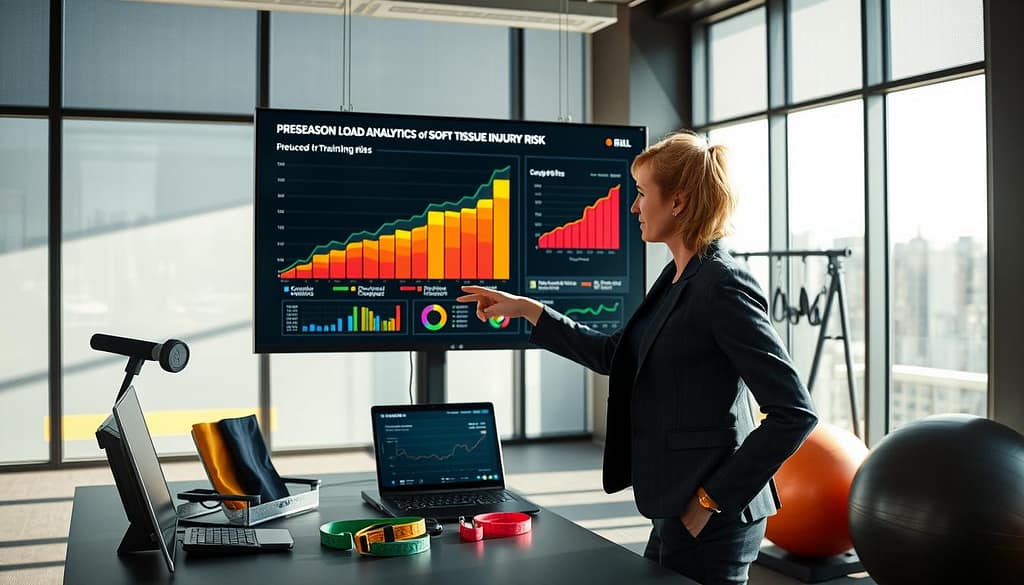 A sleek, modern office environment serves as the backdrop, featuring large windows that allow natural light to flood in, casting soft shadows across the space. In the foreground, a professional woman in a smart business outfit is focused on a large digital screen displaying colorful graphs, charts, and data visualizations related to preseason training load analytics. She is actively pointing at an upward trend in one chart, symbolizing the reduction of soft-tissue injury risk. The middle ground reveals a high-tech desk equipped with sports analytics tools and wearable technology, while the background seamlessly integrates fitness equipment, such as resistance bands and stability balls, subtly hinting at the training context. The overall mood is energetic and collaborative, with a blend of professionalism and cutting-edge technology, demonstrating the intersection of data and athletic performance. A sleek, modern office environment serves as the backdrop, featuring large windows that allow natural light to flood in, casting soft shadows across the space. In the foreground, a professional woman in a smart business outfit is focused on a large digital screen displaying colorful graphs, charts, and data visualizations related to preseason training load analytics. She is actively pointing at an upward trend in one chart, symbolizing the reduction of soft-tissue injury risk. The middle ground reveals a high-tech desk equipped with sports analytics tools and wearable technology, while the background seamlessly integrates fitness equipment, such as resistance bands and stability balls, subtly hinting at the training context. The overall mood is energetic and collaborative, with a blend of professionalism and cutting-edge technology, demonstrating the intersection of data and athletic performance.