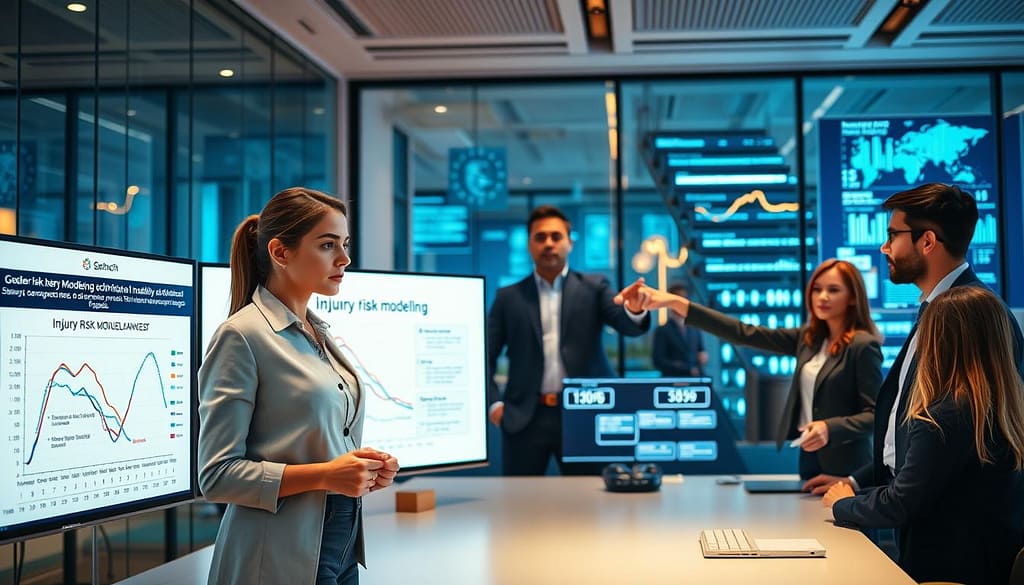 A sleek, modern office space featuring a diverse group of professionals engaged in the analysis of complex data visualizations on large screens. In the foreground, a focused female data scientist, dressed in professional business attire, examines a multi-layered graph depicting injury risk modeling techniques with elements of gradient boosting, sequence models, and survival analysis. In the middle ground, a male statistician points to a flowchart illustrating the relationships between various modeling approaches. The background includes glass walls with digital displays showing real-time sensor data, and a warm, ambient light casts a motivational glow throughout the room. The overall atmosphere is one of collaboration and innovation, highlighting the integration of machine learning in decision-making. A sleek, modern office space featuring a diverse group of professionals engaged in the analysis of complex data visualizations on large screens. In the foreground, a focused female data scientist, dressed in professional business attire, examines a multi-layered graph depicting injury risk modeling techniques with elements of gradient boosting, sequence models, and survival analysis. In the middle ground, a male statistician points to a flowchart illustrating the relationships between various modeling approaches. The background includes glass walls with digital displays showing real-time sensor data, and a warm, ambient light casts a motivational glow throughout the room. The overall atmosphere is one of collaboration and innovation, highlighting the integration of machine learning in decision-making.