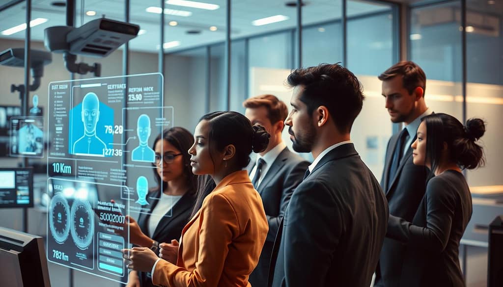 A visually striking and thought-provoking scene depicting bias in talent evaluation technology. In the foreground, a diverse group of professionals in business attire is intently examining holographic talent profiles, displaying data algorithms and metrics. In the middle ground, various sensors and screens illustrate the technology used in scouting, including facial recognition and performance analytics. The background features a sleek, modern office environment with glass panels and soft, ambient lighting that creates a focus on the human element amidst the tech. The atmosphere conveys tension between innovation and ethics, highlighting the impact of bias in decision-making. Use a slightly elevated angle to add depth and dimension, with a cool color palette emphasizing a corporate feel. A visually striking and thought-provoking scene depicting bias in talent evaluation technology. In the foreground, a diverse group of professionals in business attire is intently examining holographic talent profiles, displaying data algorithms and metrics. In the middle ground, various sensors and screens illustrate the technology used in scouting, including facial recognition and performance analytics. The background features a sleek, modern office environment with glass panels and soft, ambient lighting that creates a focus on the human element amidst the tech. The atmosphere conveys tension between innovation and ethics, highlighting the impact of bias in decision-making. Use a slightly elevated angle to add depth and dimension, with a cool color palette emphasizing a corporate feel.