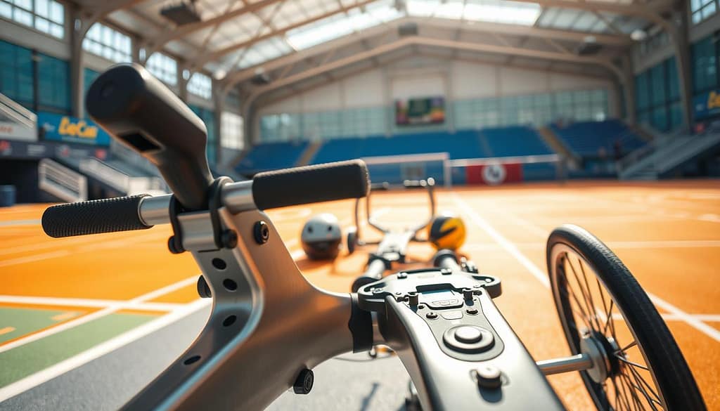 A close-up image of innovative adaptive sports gear designed for para-athletes with cognitive disabilities. The foreground features a sleek, ergonomic wheelchair sports device, showcasing its unique features like adjustable controls, intuitive grips, and bright, engaging colors. In the middle ground, display an array of adaptive equipment, including a lightweight racing frame and specialized helmets, arranged neatly to emphasize accessibility and comfort. The background should softly blur with a vibrant sports facility, dotted with ramps and accessible signage, creating an atmosphere of inclusivity and empowerment. The lighting is bright and inviting, emulating a sunny day with balanced, soft shadows. Capture the image from a low angle to evoke a sense of aspiration and innovation, reflecting the spirit of adaptive sports. A close-up image of innovative adaptive sports gear designed for para-athletes with cognitive disabilities. The foreground features a sleek, ergonomic wheelchair sports device, showcasing its unique features like adjustable controls, intuitive grips, and bright, engaging colors. In the middle ground, display an array of adaptive equipment, including a lightweight racing frame and specialized helmets, arranged neatly to emphasize accessibility and comfort. The background should softly blur with a vibrant sports facility, dotted with ramps and accessible signage, creating an atmosphere of inclusivity and empowerment. The lighting is bright and inviting, emulating a sunny day with balanced, soft shadows. Capture the image from a low angle to evoke a sense of aspiration and innovation, reflecting the spirit of adaptive sports.