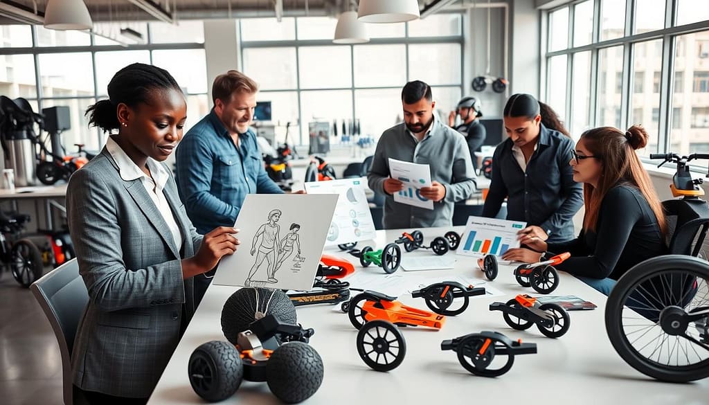 A diverse group of professionals collaborating around a large table, showcasing an array of sports equipment prototypes designed for various athlete types. In the foreground, a Black woman in business attire sketches a persona on a notepad, highlighting features like accessibility and inclusivity. The middle ground features a Caucasian man discussing ideas with a South Asian woman, both engaged in thoughtful conversation and analyzing charts of athlete demographics. The background shows a bright, modern workspace with large windows letting in natural light, filled with sports gear that caters to adaptive athletes. The atmosphere is lively and innovative, emphasizing human-centered design principles in sports development. The image should be well-lit, with a focus on the participants’ expressions. A diverse group of professionals collaborating around a large table, showcasing an array of sports equipment prototypes designed for various athlete types. In the foreground, a Black woman in business attire sketches a persona on a notepad, highlighting features like accessibility and inclusivity. The middle ground features a Caucasian man discussing ideas with a South Asian woman, both engaged in thoughtful conversation and analyzing charts of athlete demographics. The background shows a bright, modern workspace with large windows letting in natural light, filled with sports gear that caters to adaptive athletes. The atmosphere is lively and innovative, emphasizing human-centered design principles in sports development. The image should be well-lit, with a focus on the participants’ expressions.