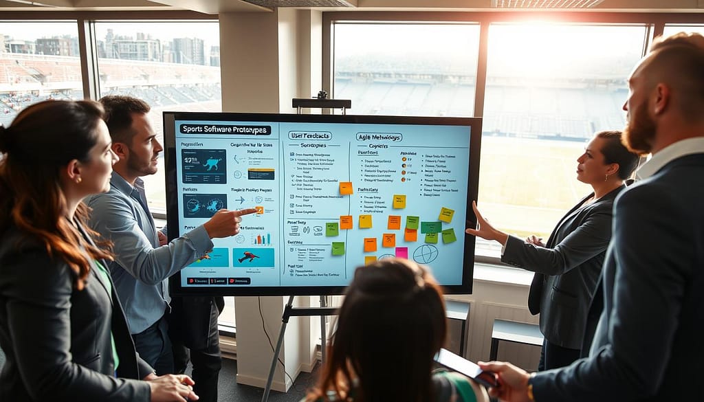 A dynamic scene depicting "Agile Development in Sports Innovation," featuring a diverse team of four professional individuals in business attire, collaborating in a modern office space. The foreground shows them gathered around a large digital screen displaying sports software prototypes and user feedback metrics, with one person pointing at the data. In the middle, a whiteboard filled with brainstorming notes and agile methodologies is visible, along with sticky notes in vibrant colors. The background reveals large windows with a view of a sports field, accentuated by sunlight filtering through, creating a bright and inspiring atmosphere. The overall mood is energetic and innovative, conveying a sense of teamwork and cutting-edge technology in sports development. A dynamic scene depicting "Agile Development in Sports Innovation," featuring a diverse team of four professional individuals in business attire, collaborating in a modern office space. The foreground shows them gathered around a large digital screen displaying sports software prototypes and user feedback metrics, with one person pointing at the data. In the middle, a whiteboard filled with brainstorming notes and agile methodologies is visible, along with sticky notes in vibrant colors. The background reveals large windows with a view of a sports field, accentuated by sunlight filtering through, creating a bright and inspiring atmosphere. The overall mood is energetic and innovative, conveying a sense of teamwork and cutting-edge technology in sports development.