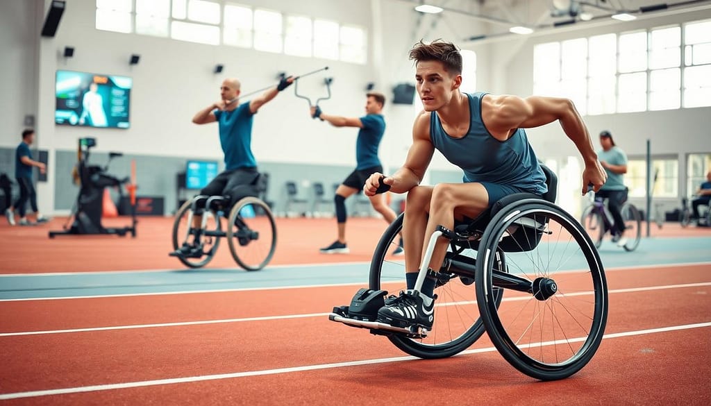 A high-tech adaptive sports training facility, showcasing a dynamic scene of para-athletes engaged in various innovative sports activities. In the foreground, a determined athlete in a sleek, modern wheelchair races along a track, with high-performance adaptive equipment designed for speed and agility. In the middle ground, another athlete utilizes a cutting-edge prosthetic limb while practicing shot put, demonstrating strength and precision. The background reveals a bright, spacious gym filled with advanced training tools and digital display screens that showcase real-time performance metrics. Soft, natural lighting highlights the athletes' focused expressions and the gleaming technology, creating an inspiring and uplifting atmosphere that emphasizes achievement and innovation in disability sports. A high-tech adaptive sports training facility, showcasing a dynamic scene of para-athletes engaged in various innovative sports activities. In the foreground, a determined athlete in a sleek, modern wheelchair races along a track, with high-performance adaptive equipment designed for speed and agility. In the middle ground, another athlete utilizes a cutting-edge prosthetic limb while practicing shot put, demonstrating strength and precision. The background reveals a bright, spacious gym filled with advanced training tools and digital display screens that showcase real-time performance metrics. Soft, natural lighting highlights the athletes' focused expressions and the gleaming technology, creating an inspiring and uplifting atmosphere that emphasizes achievement and innovation in disability sports.