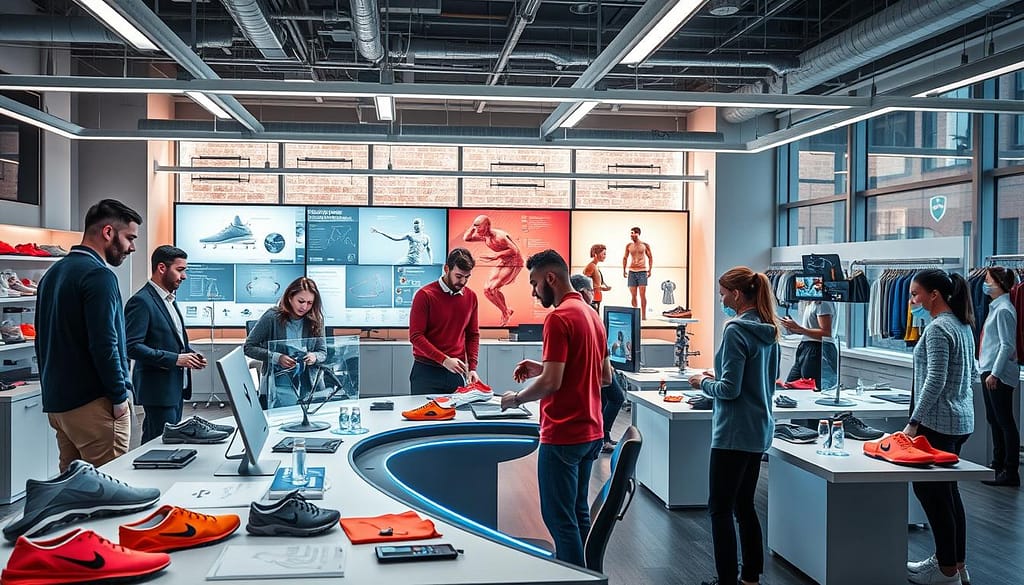 A high-tech innovation lab interior, bustling with activity and creativity, showcasing Under Armour's methodologies for elite sports design. In the foreground, a diverse group of professionals in smart casual attire, consisting of designers and engineers, collaborate around a sleek, futuristic workstation filled with sports gear prototypes and digital sketches. In the middle ground, large screens display data analytics and 3D models of athletic wear, while innovative fabrics and materials are arranged artistically. The background features bright, ambient lighting enhancing the dynamic atmosphere, with large windows letting in natural light. A modern yet sporty aesthetic permeates the entire space, evoking a sense of inspiration and forward-thinking energy, capturing the essence of innovation in sports design. A high-tech innovation lab interior, bustling with activity and creativity, showcasing Under Armour's methodologies for elite sports design. In the foreground, a diverse group of professionals in smart casual attire, consisting of designers and engineers, collaborate around a sleek, futuristic workstation filled with sports gear prototypes and digital sketches. In the middle ground, large screens display data analytics and 3D models of athletic wear, while innovative fabrics and materials are arranged artistically. The background features bright, ambient lighting enhancing the dynamic atmosphere, with large windows letting in natural light. A modern yet sporty aesthetic permeates the entire space, evoking a sense of inspiration and forward-thinking energy, capturing the essence of innovation in sports design.