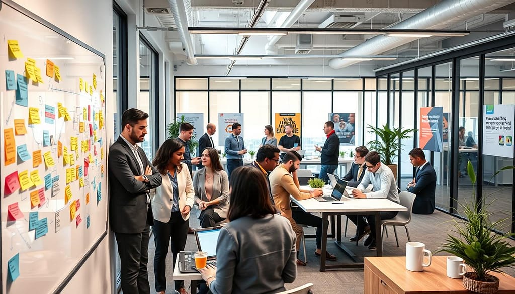 A modern startup innovation incubation workspace, filled with diverse individuals in professional business attire collaborating on technology projects. In the foreground, a large whiteboard covered in colorful sticky notes and diagrams, showcasing brainstorming sessions. In the middle ground, sleek desks with laptops open, group discussions taking place, and a coffee station promoting casual networking. Bright, natural lighting from large windows creates an energizing atmosphere. The background features glass partitions, inspirational posters about innovation, and plants for a refreshing touch. The space exudes a feeling of creativity, collaboration, and ambition, embodying the spirit of post-hackathon incubation programs in the sports tech industry. A modern startup innovation incubation workspace, filled with diverse individuals in professional business attire collaborating on technology projects. In the foreground, a large whiteboard covered in colorful sticky notes and diagrams, showcasing brainstorming sessions. In the middle ground, sleek desks with laptops open, group discussions taking place, and a coffee station promoting casual networking. Bright, natural lighting from large windows creates an energizing atmosphere. The background features glass partitions, inspirational posters about innovation, and plants for a refreshing touch. The space exudes a feeling of creativity, collaboration, and ambition, embodying the spirit of post-hackathon incubation programs in the sports tech industry.