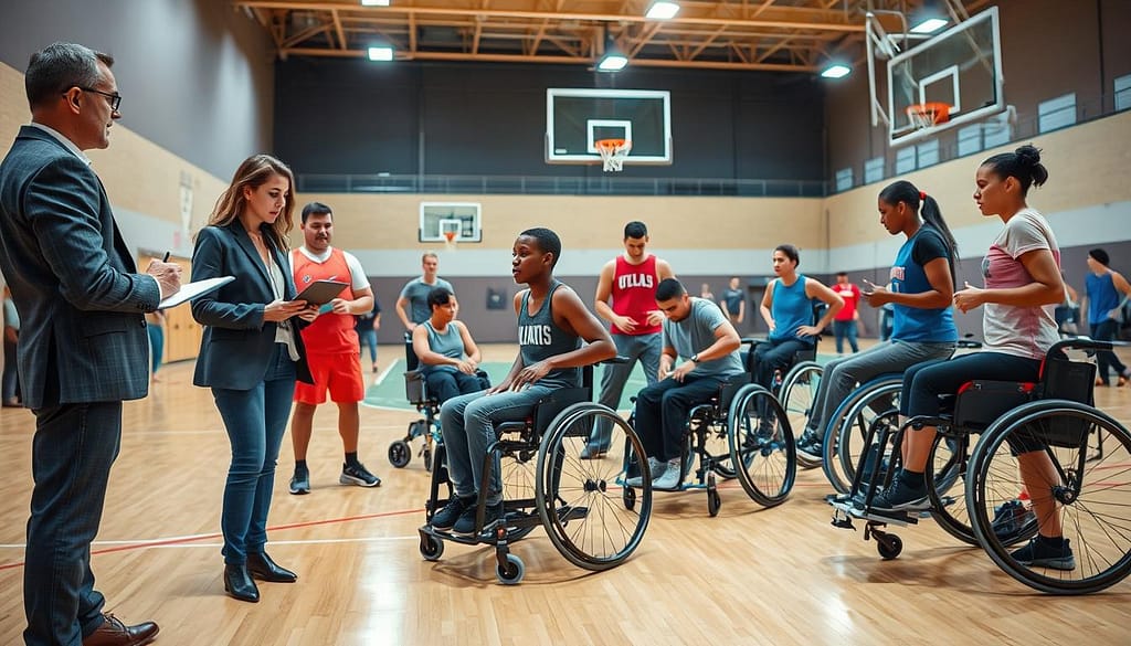 A vibrant and dynamic scene of ethnographic research in a sports environment, showcasing a diverse group of researchers engaged in activities like interviews, observations, and note-taking. In the foreground, a researcher in professional attire is observing athletes, while another is documenting insights on a tablet. The middle ground features athletes of various backgrounds using adaptive sports equipment, such as wheelchairs and accessible gear, reflecting inclusive design principles. The background shows a well-lit sports facility with a basketball court and gym, captured in natural daylight to create an inviting atmosphere. The composition conveys a sense of collaboration and innovation, with a focus on human-centered design. Use a slightly elevated angle to encompass the engaged atmosphere, ensuring clarity and depth in the interactions depicted. A vibrant and dynamic scene of ethnographic research in a sports environment, showcasing a diverse group of researchers engaged in activities like interviews, observations, and note-taking. In the foreground, a researcher in professional attire is observing athletes, while another is documenting insights on a tablet. The middle ground features athletes of various backgrounds using adaptive sports equipment, such as wheelchairs and accessible gear, reflecting inclusive design principles. The background shows a well-lit sports facility with a basketball court and gym, captured in natural daylight to create an inviting atmosphere. The composition conveys a sense of collaboration and innovation, with a focus on human-centered design. Use a slightly elevated angle to encompass the engaged atmosphere, ensuring clarity and depth in the interactions depicted.