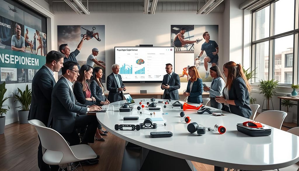 A vibrant, collaborative workspace showcasing a diverse team of professionals engaged in discussions about psychology and user experience in sports innovation. In the foreground, a group of individuals, dressed in business attire, are brainstorming around a sleek, modern table filled with prototypes of sports equipment and digital interfaces. The middle ground features a large screen displaying user experience graphs and psychological data related to sports performance. The background displays motivational posters of athletes and dynamic images from various sports. Soft, natural lighting filters through large windows, creating an inspiring atmosphere that encourages creativity and innovation. The scene conveys a sense of teamwork, intellectual engagement, and the cross-disciplinary nature of the project. A vibrant, collaborative workspace showcasing a diverse team of professionals engaged in discussions about psychology and user experience in sports innovation. In the foreground, a group of individuals, dressed in business attire, are brainstorming around a sleek, modern table filled with prototypes of sports equipment and digital interfaces. The middle ground features a large screen displaying user experience graphs and psychological data related to sports performance. The background displays motivational posters of athletes and dynamic images from various sports. Soft, natural lighting filters through large windows, creating an inspiring atmosphere that encourages creativity and innovation. The scene conveys a sense of teamwork, intellectual engagement, and the cross-disciplinary nature of the project.