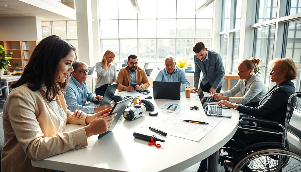 A vibrant, dynamic scene depicting a diverse group of individuals working on digital devices and engaging in collaborative discussions about universal design and accessibility standards. In the foreground, a woman in professional attire uses a tablet while seated at a modern table surrounded by colleagues of varying ages and abilities, including a person in a wheelchair. The middle of the image features laptops, assistive technology devices, and design blueprints scattered across the table. The background reveals a bright, open workspace filled with large windows allowing natural light to flood in, casting soft shadows. The atmosphere is inclusive and energetic, emphasizing technology literacy, innovation, and teamwork within an environment designed for accessibility. Use a wide-angle lens to capture the breadth of the scene, ensuring clarity and detail. A vibrant, dynamic scene depicting a diverse group of individuals working on digital devices and engaging in collaborative discussions about universal design and accessibility standards. In the foreground, a woman in professional attire uses a tablet while seated at a modern table surrounded by colleagues of varying ages and abilities, including a person in a wheelchair. The middle of the image features laptops, assistive technology devices, and design blueprints scattered across the table. The background reveals a bright, open workspace filled with large windows allowing natural light to flood in, casting soft shadows. The atmosphere is inclusive and energetic, emphasizing technology literacy, innovation, and teamwork within an environment designed for accessibility. Use a wide-angle lens to capture the breadth of the scene, ensuring clarity and detail.