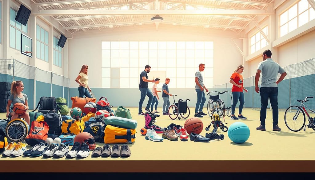 A visually engaging illustration representing economic accessibility barrier-free sports product tiers. In the foreground, display an organized array of sports products, such as adaptive sports gear and equipment, arranged in a tiered fashion to indicate varying price points and accessibility levels. In the middle ground, depict diverse individuals in modest casual clothing interacting with the products, showcasing inclusivity and engagement. The background features a brightly lit sports facility with ample space, promoting an inviting atmosphere. Use soft, natural lighting to create a warm and welcoming mood, with a wide-angle perspective to emphasize the variety of products and the importance of accessible sports. A visually engaging illustration representing economic accessibility barrier-free sports product tiers. In the foreground, display an organized array of sports products, such as adaptive sports gear and equipment, arranged in a tiered fashion to indicate varying price points and accessibility levels. In the middle ground, depict diverse individuals in modest casual clothing interacting with the products, showcasing inclusivity and engagement. The background features a brightly lit sports facility with ample space, promoting an inviting atmosphere. Use soft, natural lighting to create a warm and welcoming mood, with a wide-angle perspective to emphasize the variety of products and the importance of accessible sports.