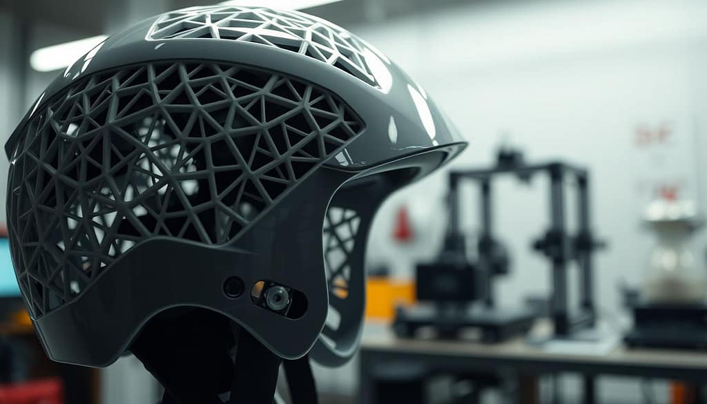 A close-up view of a cutting-edge helmet featuring a complex lattice structure designed for impact absorption, showcasing intricate geometric patterns. The helmet is positioned prominently in the foreground with a glossy finish that reflects soft, diffused lighting, highlighting the delicate interplay of shadows and light on the lattice. In the middle ground, a blurred workshop environment reveals 3D printing equipment and designs, emphasizing the design for additive manufacturing (DfAM) process. The background should be softly lit with a focus on an abstract representation of innovation and technology in sports safety. The overall mood should convey a sense of sophistication and advanced engineering, inviting viewers to appreciate the blend of art and science in protective gear. A close-up view of a cutting-edge helmet featuring a complex lattice structure designed for impact absorption, showcasing intricate geometric patterns. The helmet is positioned prominently in the foreground with a glossy finish that reflects soft, diffused lighting, highlighting the delicate interplay of shadows and light on the lattice. In the middle ground, a blurred workshop environment reveals 3D printing equipment and designs, emphasizing the design for additive manufacturing (DfAM) process. The background should be softly lit with a focus on an abstract representation of innovation and technology in sports safety. The overall mood should convey a sense of sophistication and advanced engineering, inviting viewers to appreciate the blend of art and science in protective gear.