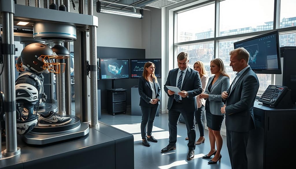 A cutting-edge sports equipment lab focused on engineering validation compliance testing. In the foreground, a modern testing apparatus simulates stress tests on various sports gear, showcasing equipment such as helmets, pads, and footwear. In the middle ground, a team of diverse professionals in smart business attire collaborates, reviewing data on a digital tablet, surrounded by high-tech monitors displaying testing metrics. The background features a large window with natural light flooding the room, casting soft shadows that enhance the sleek, innovative atmosphere. The setting conveys a sense of precision, teamwork, and high standards, with a clean, organized environment highlighting the focus on safety and performance in sports equipment innovation. A cutting-edge sports equipment lab focused on engineering validation compliance testing. In the foreground, a modern testing apparatus simulates stress tests on various sports gear, showcasing equipment such as helmets, pads, and footwear. In the middle ground, a team of diverse professionals in smart business attire collaborates, reviewing data on a digital tablet, surrounded by high-tech monitors displaying testing metrics. The background features a large window with natural light flooding the room, casting soft shadows that enhance the sleek, innovative atmosphere. The setting conveys a sense of precision, teamwork, and high standards, with a clean, organized environment highlighting the focus on safety and performance in sports equipment innovation.