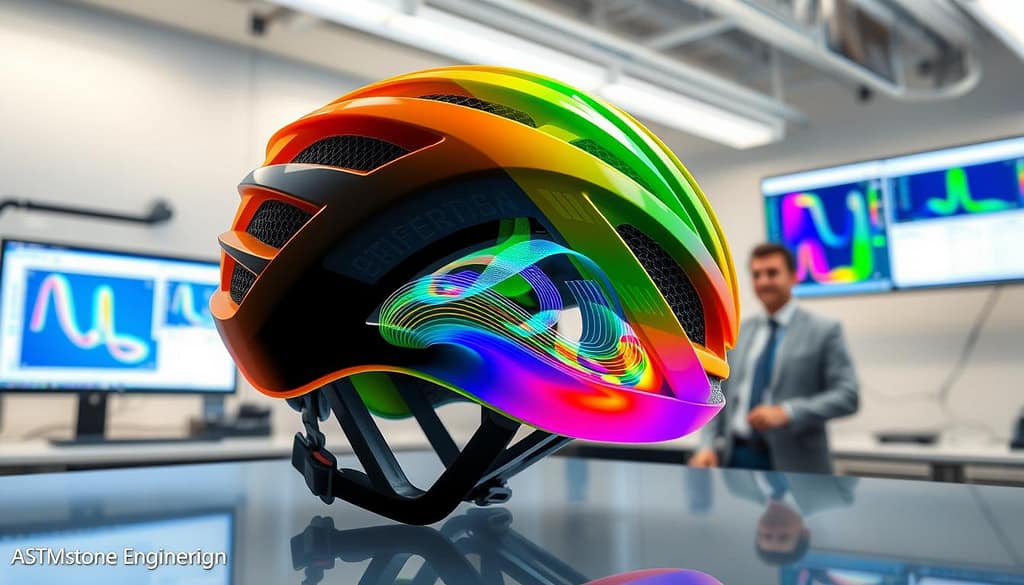 A detailed FEA CFD analysis of a bicycle helmet, showcasing its structural integrity and airflow dynamics, compliant with ASTM standards. In the foreground, highlight a digitally rendered bicycle helmet with transparent sections revealing the internal material layers and mesh structures. The middle layer should feature dynamic airflow simulations with colorful streamlines indicating wind flow around the helmet, along with stress distribution maps in vibrant gradients. The background should depict a professional research laboratory environment, with advanced analysis software visible on computer screens, and engineers in professional business attire observing the process. Soft, overhead lighting creates a technical yet inviting atmosphere, emphasizing innovation and precision in sports gear design. The image captures a moment of collaboration in cutting-edge engineering. A detailed FEA CFD analysis of a bicycle helmet, showcasing its structural integrity and airflow dynamics, compliant with ASTM standards. In the foreground, highlight a digitally rendered bicycle helmet with transparent sections revealing the internal material layers and mesh structures. The middle layer should feature dynamic airflow simulations with colorful streamlines indicating wind flow around the helmet, along with stress distribution maps in vibrant gradients. The background should depict a professional research laboratory environment, with advanced analysis software visible on computer screens, and engineers in professional business attire observing the process. Soft, overhead lighting creates a technical yet inviting atmosphere, emphasizing innovation and precision in sports gear design. The image captures a moment of collaboration in cutting-edge engineering.