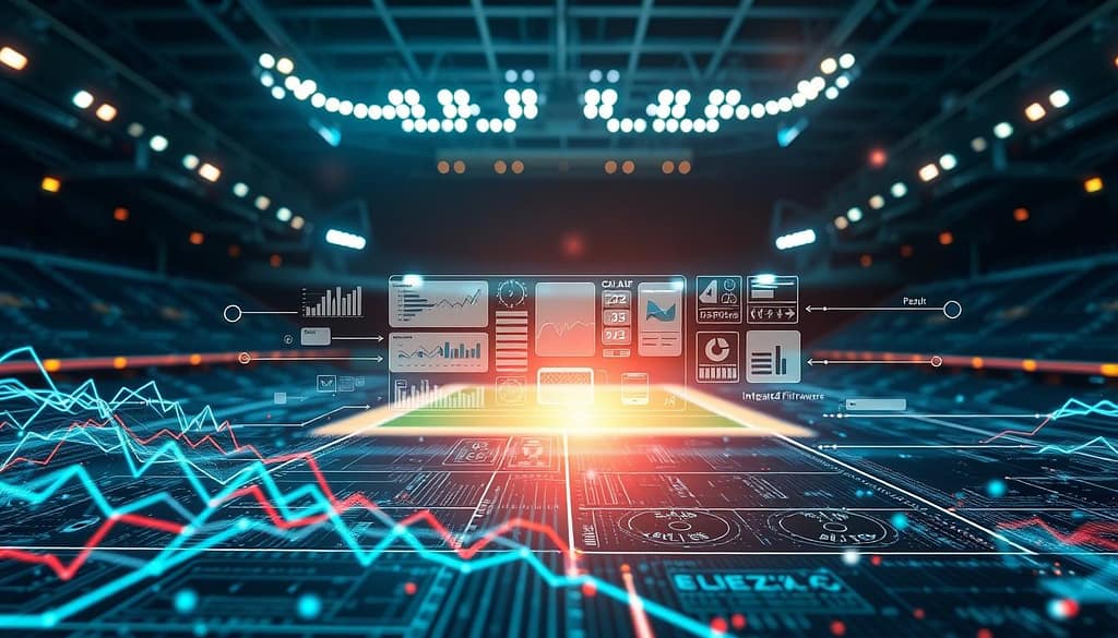 A detailed visualization of a sponsored research data pipeline in sports technology, showcasing a modern tech stack. In the foreground, intricate graphs and charts representing data flow and analytics, with dynamic colors symbolizing real-time data. In the middle ground, a sleek digital interface displaying CAD and CAE designs, integrated firmware, and app interfaces, all interconnected through glowing data streams. The background features a subtle silhouette of a sports arena, symbolizing the transition from lab to locker room. The scene is bathed in bright, futuristic lighting with a slight lens flare effect, capturing the essence of innovation. The mood is energetic and professional, conveying collaboration and advancement within the sports technology sector. No human figures are present to keep the focus on the technological elements. A detailed visualization of a sponsored research data pipeline in sports technology, showcasing a modern tech stack. In the foreground, intricate graphs and charts representing data flow and analytics, with dynamic colors symbolizing real-time data. In the middle ground, a sleek digital interface displaying CAD and CAE designs, integrated firmware, and app interfaces, all interconnected through glowing data streams. The background features a subtle silhouette of a sports arena, symbolizing the transition from lab to locker room. The scene is bathed in bright, futuristic lighting with a slight lens flare effect, capturing the essence of innovation. The mood is energetic and professional, conveying collaboration and advancement within the sports technology sector. No human figures are present to keep the focus on the technological elements.