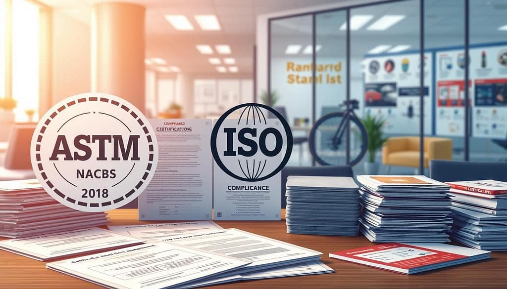 A detailed visualization of compliance standards, featuring a symbolic representation of ASTM, ISO, and NOCSAE certification logos prominently displayed in the foreground. In the middle ground, include an array of safety certifications and standards documentation, neatly organized and labeled, with a few compliance checklists and safety manuals scattered artistically. The background should depict a professional office setting with soft ambient lighting, and views of a modern workspace illustrating safety equipment and regulatory posters on the walls. Utilize a slightly elevated angle to create depth and dimension, highlighting a mood of professionalism and adherence to safety standards, ensuring the illustration is clean with no text or distractions. A detailed visualization of compliance standards, featuring a symbolic representation of ASTM, ISO, and NOCSAE certification logos prominently displayed in the foreground. In the middle ground, include an array of safety certifications and standards documentation, neatly organized and labeled, with a few compliance checklists and safety manuals scattered artistically. The background should depict a professional office setting with soft ambient lighting, and views of a modern workspace illustrating safety equipment and regulatory posters on the walls. Utilize a slightly elevated angle to create depth and dimension, highlighting a mood of professionalism and adherence to safety standards, ensuring the illustration is clean with no text or distractions.