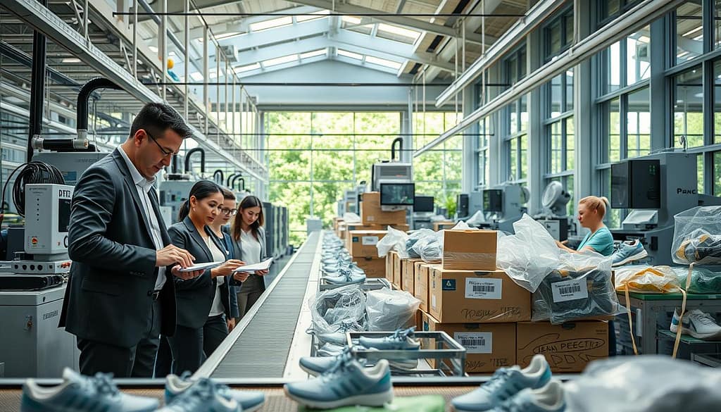 A high-tech sustainable manufacturing facility for athletic footwear, showcasing a clean and efficient assembly line. In the foreground, a diverse group of professionals in modest business attire examines eco-friendly materials and energy-efficient machinery. The middle ground features advanced logistics equipment, emphasizing zero-waste practices, with recyclables and biodegradable packaging materials neatly organized. The background reveals large windows allowing natural light to flood in, highlighting greenery biophilic design elements incorporated into the architecture. The atmosphere is optimistic and innovative, with soft, warm lighting highlighting the collaborative effort of sustainable practices. Use a slightly elevated angle to capture the scale of the facility, evoking a sense of progress and responsibility in manufacturing. A high-tech sustainable manufacturing facility for athletic footwear, showcasing a clean and efficient assembly line. In the foreground, a diverse group of professionals in modest business attire examines eco-friendly materials and energy-efficient machinery. The middle ground features advanced logistics equipment, emphasizing zero-waste practices, with recyclables and biodegradable packaging materials neatly organized. The background reveals large windows allowing natural light to flood in, highlighting greenery biophilic design elements incorporated into the architecture. The atmosphere is optimistic and innovative, with soft, warm lighting highlighting the collaborative effort of sustainable practices. Use a slightly elevated angle to capture the scale of the facility, evoking a sense of progress and responsibility in manufacturing.