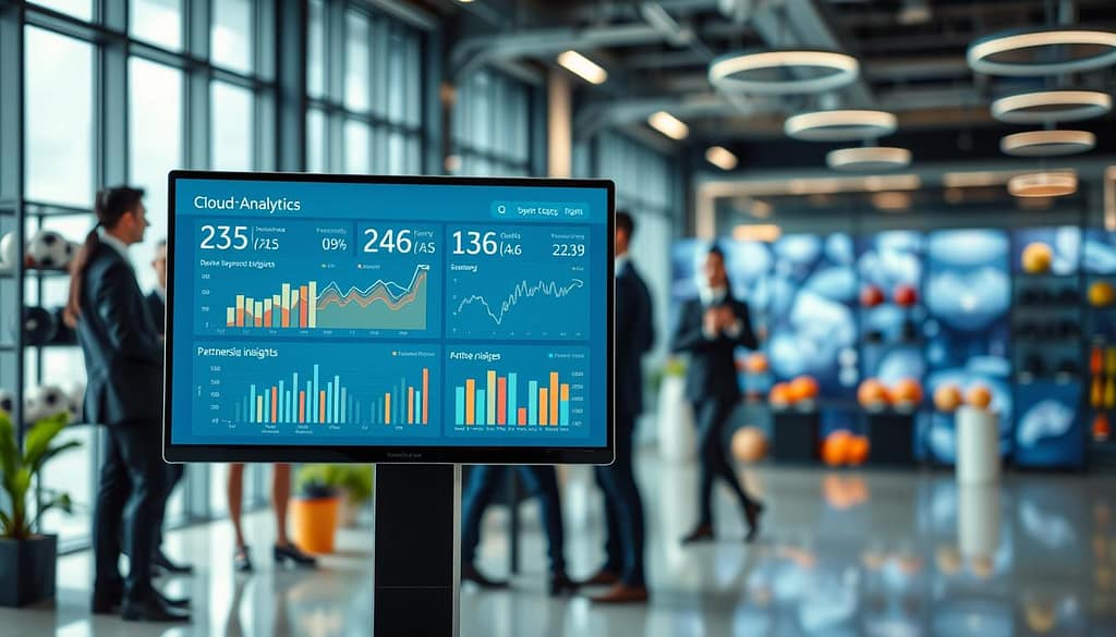 A modern cloud analytics dashboard displayed on a sleek, high-resolution screen. In the foreground, focus on interactive graphs and charts illustrating key metrics for sports equipment collaboration, such as performance data and partnership insights. The middle ground features diverse professionals in business attire actively engaging with the dashboard, discussing strategies and insights, portraying collaboration. The background shows a futuristic office space with large windows letting in natural light, and blurred images of sports equipment like balls and gear displayed on shelves. Use a bright, inspiring color palette, with a polished and professional atmosphere that conveys innovation and teamwork. Capture the scene from a slightly elevated angle to emphasize the dashboard’s features and the professionals' engagement. A modern cloud analytics dashboard displayed on a sleek, high-resolution screen. In the foreground, focus on interactive graphs and charts illustrating key metrics for sports equipment collaboration, such as performance data and partnership insights. The middle ground features diverse professionals in business attire actively engaging with the dashboard, discussing strategies and insights, portraying collaboration. The background shows a futuristic office space with large windows letting in natural light, and blurred images of sports equipment like balls and gear displayed on shelves. Use a bright, inspiring color palette, with a polished and professional atmosphere that conveys innovation and teamwork. Capture the scene from a slightly elevated angle to emphasize the dashboard’s features and the professionals' engagement.