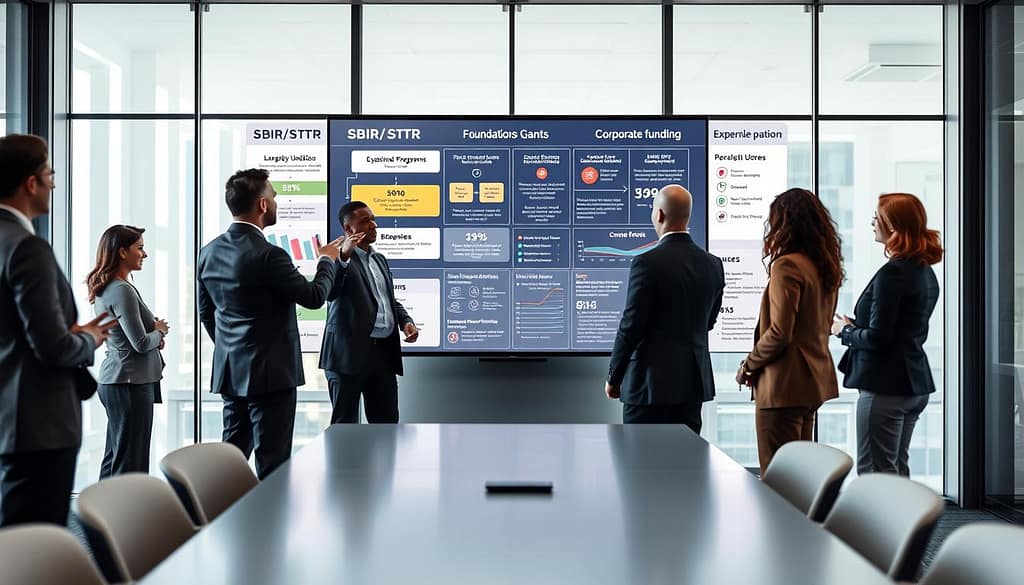 A professional meeting room showcasing an interactive wall display detailing various funding paths for research and development grants. In the foreground, a group of diverse business professionals in smart attire discuss strategies, pointing at graphs and infographics that represent SBIR/STTR programs, foundations, and corporate funding opportunities. The middle ground features a large digital screen showing flowcharts and statistics related to funding sources, with a calm, focused ambiance. The background displays a modern office environment with large windows allowing soft, natural light to illuminate the space, enhancing the mood of collaboration and innovation. The image captures the essence of strategic planning in funding research and development, conveying a sense of professionalism and hope for future projects. A professional meeting room showcasing an interactive wall display detailing various funding paths for research and development grants. In the foreground, a group of diverse business professionals in smart attire discuss strategies, pointing at graphs and infographics that represent SBIR/STTR programs, foundations, and corporate funding opportunities. The middle ground features a large digital screen showing flowcharts and statistics related to funding sources, with a calm, focused ambiance. The background displays a modern office environment with large windows allowing soft, natural light to illuminate the space, enhancing the mood of collaboration and innovation. The image captures the essence of strategic planning in funding research and development, conveying a sense of professionalism and hope for future projects.
