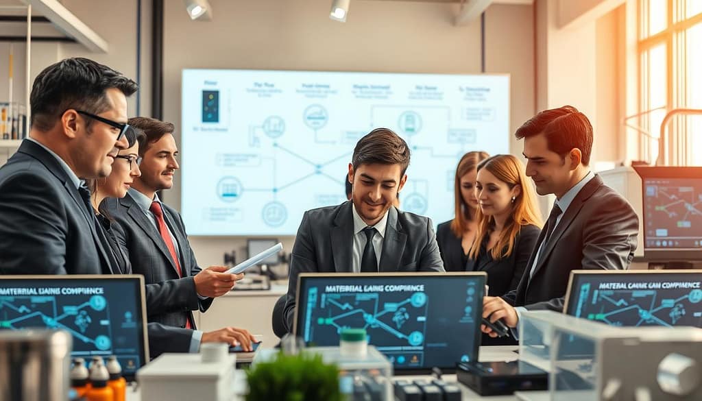 A professional setting showcasing a high-tech supply chain management environment focused on material qualification. In the foreground, a diverse group of business professionals in smart attire collaboratively analyzing data on digital screens, surrounded by diagrams of RoHS and REACH compliance. The middle ground features modern equipment and machinery, emphasizing material testing and validation processes. The background depicts a stylized supply chain flowchart, symbolizing efficiency and risk management. Soft, natural lighting illuminates the workspace, creating a bright and optimistic atmosphere. The camera angle is slightly elevated, offering a clear view of the interactions and technological elements, fostering a sense of innovation and teamwork in a safe, professional environment. A professional setting showcasing a high-tech supply chain management environment focused on material qualification. In the foreground, a diverse group of business professionals in smart attire collaboratively analyzing data on digital screens, surrounded by diagrams of RoHS and REACH compliance. The middle ground features modern equipment and machinery, emphasizing material testing and validation processes. The background depicts a stylized supply chain flowchart, symbolizing efficiency and risk management. Soft, natural lighting illuminates the workspace, creating a bright and optimistic atmosphere. The camera angle is slightly elevated, offering a clear view of the interactions and technological elements, fostering a sense of innovation and teamwork in a safe, professional environment.