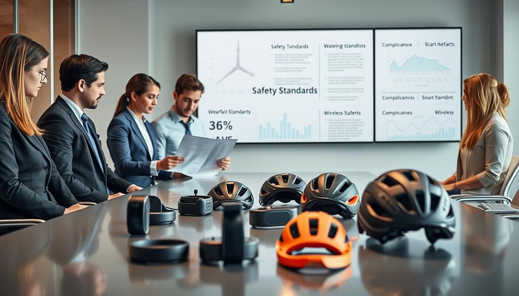 A professional setting showcasing regulatory compliance in sports technology. In the foreground, a diverse group of professionals in business attire examining safety standards documents on a sleek conference table. In the middle, an assortment of sports tech products, such as wearable fitness trackers and smart helmets, positioned to highlight their compliance features. The background features a large screen displaying graphs and compliance checklists related to safety, wireless, and chemical standards. Bright, focused lighting illuminates the scene, emphasizing clarity and professionalism. The atmosphere is collaborative and serious, reflecting the importance of safety in sports technology. Use a shallow depth of field to draw attention to the people and products, creating an engaged and dynamic environment. A professional setting showcasing regulatory compliance in sports technology. In the foreground, a diverse group of professionals in business attire examining safety standards documents on a sleek conference table. In the middle, an assortment of sports tech products, such as wearable fitness trackers and smart helmets, positioned to highlight their compliance features. The background features a large screen displaying graphs and compliance checklists related to safety, wireless, and chemical standards. Bright, focused lighting illuminates the scene, emphasizing clarity and professionalism. The atmosphere is collaborative and serious, reflecting the importance of safety in sports technology. Use a shallow depth of field to draw attention to the people and products, creating an engaged and dynamic environment.