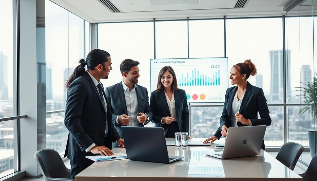 A sophisticated business environment showcasing a successful co-development partnership. In the foreground, a diverse group of three professionals engaged in a collaborative discussion, dressed in smart business attire. The middle ground features a modern conference table with documents, laptops, and a digital screen displaying graphs and partnership metrics. The background reveals a sleek office space with large windows, brightening the scene with natural light and offering a view of a city skyline. The mood is dynamic and focused, emphasizing teamwork and collaboration, captured with a slightly wide-angle lens for an immersive perspective. The lighting is bright and inviting, enhancing the professional atmosphere. A sophisticated business environment showcasing a successful co-development partnership. In the foreground, a diverse group of three professionals engaged in a collaborative discussion, dressed in smart business attire. The middle ground features a modern conference table with documents, laptops, and a digital screen displaying graphs and partnership metrics. The background reveals a sleek office space with large windows, brightening the scene with natural light and offering a view of a city skyline. The mood is dynamic and focused, emphasizing teamwork and collaboration, captured with a slightly wide-angle lens for an immersive perspective. The lighting is bright and inviting, enhancing the professional atmosphere.