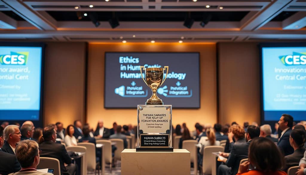 A sophisticated conference room setting showcasing the CES Innovation Awards ceremony, featuring a spotlight on an elegant podium adorned with a gleaming trophy symbolizing "Ethics in Human-Centric Technology." In the foreground, a diverse group of professionals in smart business attire, engaged in animated discussions about human subjects and ethical considerations like IRB, data privacy, and consent. In the middle ground, a large screen displays visual representations of ethical standards and technology integration. The background features an audience of attentive attendees, with soft, warm lighting illuminating the scene, creating a professional atmosphere. The image captures a moment of inspiration and collaboration, evoking a sense of honor and responsibility in technology. A sophisticated conference room setting showcasing the CES Innovation Awards ceremony, featuring a spotlight on an elegant podium adorned with a gleaming trophy symbolizing "Ethics in Human-Centric Technology." In the foreground, a diverse group of professionals in smart business attire, engaged in animated discussions about human subjects and ethical considerations like IRB, data privacy, and consent. In the middle ground, a large screen displays visual representations of ethical standards and technology integration. The background features an audience of attentive attendees, with soft, warm lighting illuminating the scene, creating a professional atmosphere. The image captures a moment of inspiration and collaboration, evoking a sense of honor and responsibility in technology.